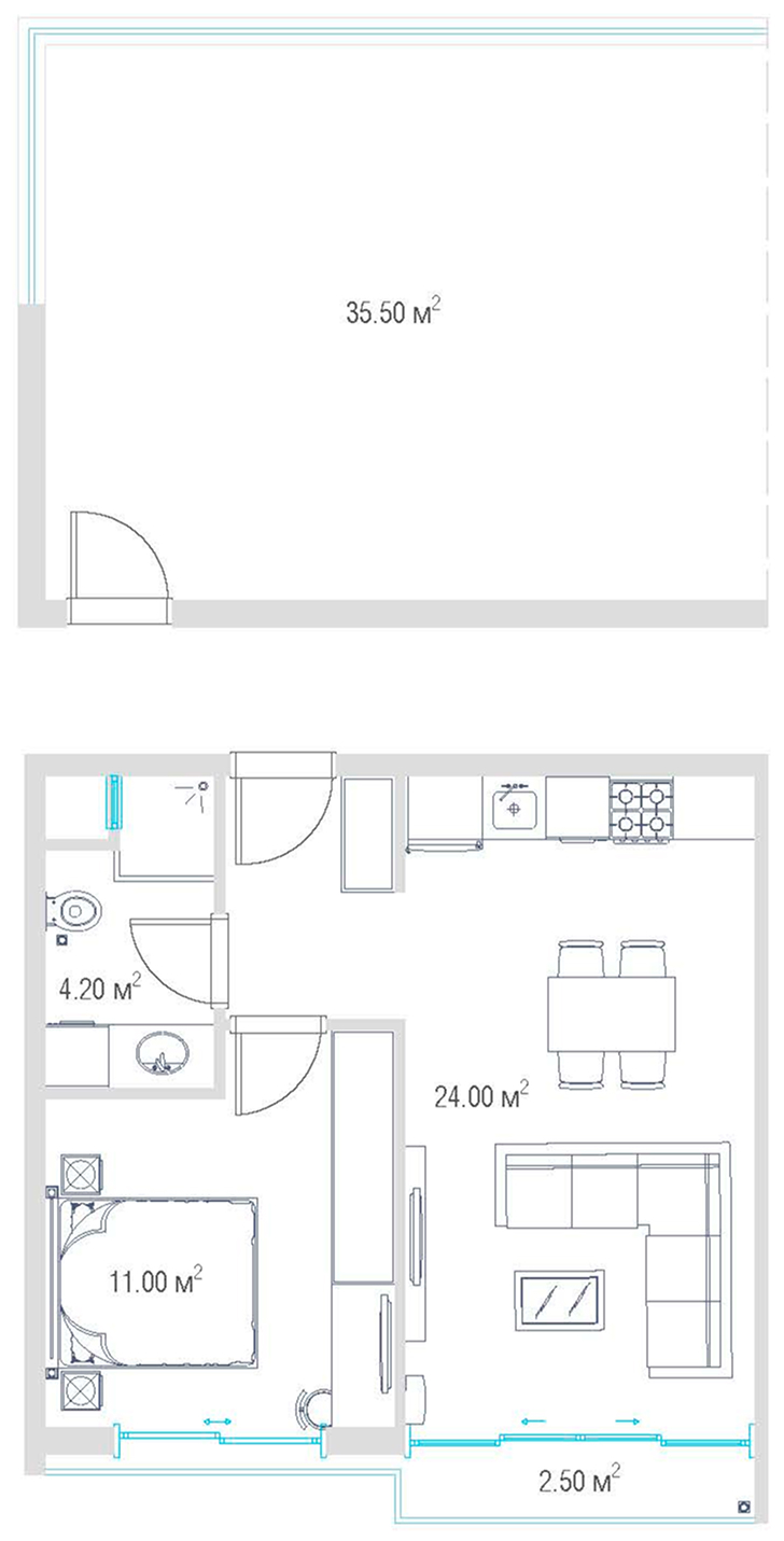 Евродвушка с террасой 39.2 м²