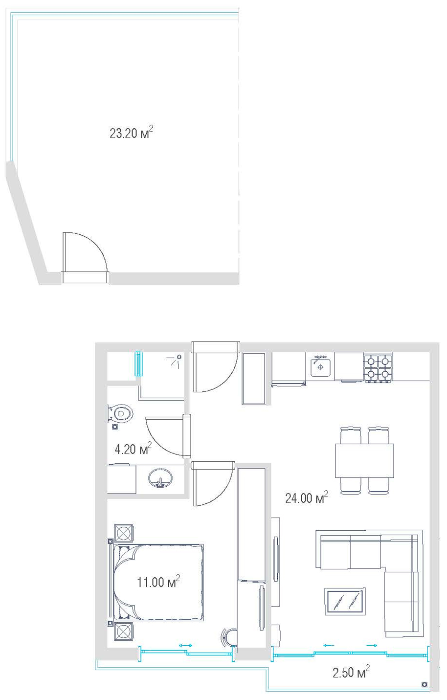 Евродвушка с террасой 39.2 м²