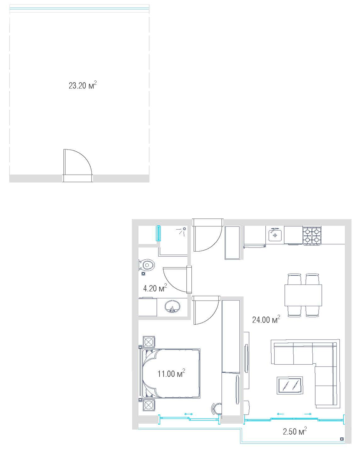 Евродвушка с террасой 39.2 м²